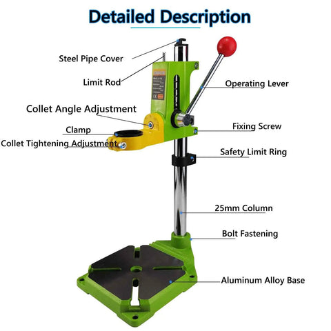 Detailed view of Floor Drill Press Stand For Hand Drill With 90 Degree Rotating Clamp, Adjustable Universal Bench Drill Holder, labeled parts.