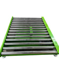 Heavy Duty Electric Hydraulic Scissor Lift Table With Roller Bottom Straight Up Built Tough From Quality Steel Overload Protection And Durable Yellow Paint Smooth Operator For Any Warehouse Or Machine Shop Setup. Green roller top structure.
