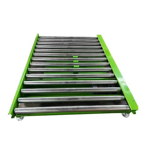 Heavy Duty Electric Hydraulic Scissor Lift Table With Roller Bottom Straight Up Built Tough From Quality Steel Overload Protection And Durable Yellow Paint Smooth Operator For Any Warehouse Or Machine Shop Setup. Green roller top structure.