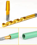 Rugged M2 HSS 1/8-27 NPT Pipe Tap And R Drill Bit Set With Titanium Plating, shown with storage box, for plumbers and mechanics.