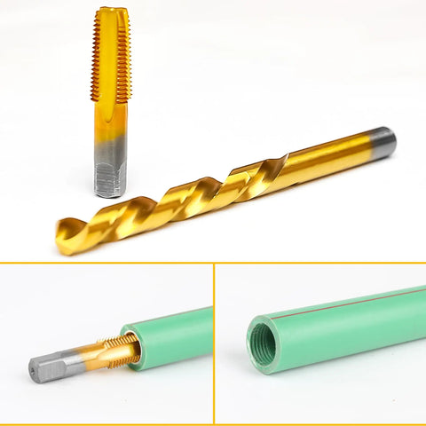 Rugged M2 HSS 1/8-27 NPT Pipe Tap And R Drill Bit Set With Titanium Plating, shown with storage box, for plumbers and mechanics.