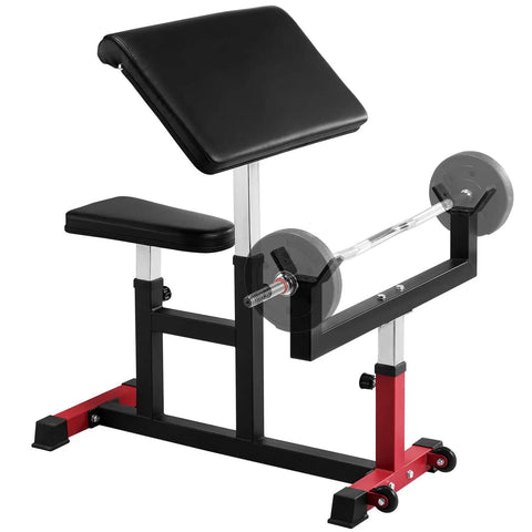 Heavy Duty Preacher Curl Bench For Home Gym Setup Seated Bicep Curl Station With Barbell And Dumbbell Capability Adjustable Weight Bench Max Load 440 Lbs Isolation Arm Curl Machine For Strength Training And Muscle Growth, black and red frame, adjustable armrest, and seat, barbell holder, side view.