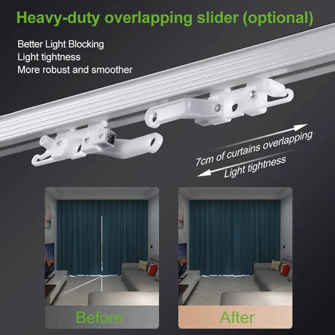 Heavy-Duty Double Curtain Track System With Conjoined Design In White Aluminum Rail For Independent Sheer And Drapery Operation Smooth Glide Ultra-Strong Build Easy Install Quiet Performance And Flexible Light Control. overlapping slider
