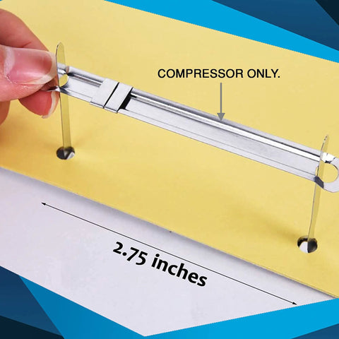 Close-up of Heavy Duty Tempered Steel Prong Paper Fastener Bases 100 Pack Fits Standard Two Hole Punches on yellow file.