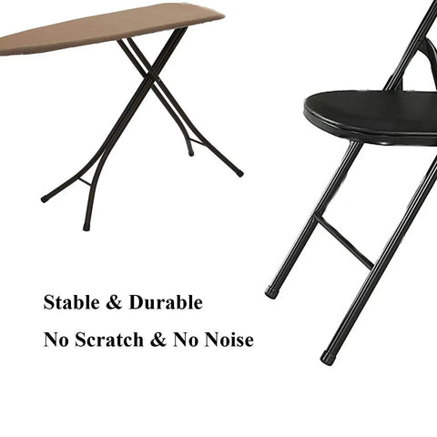 Image of folding chair and table with metallic legs fitted with No Slip Rubber Chair Leg Tips Caps Three Quarter Inch Inner Diameter Floor Protectors Round Black 16 Pack Durable Wear Resistant Odorless Easy To Install, preventing scratching and noise reduction.