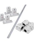 600mm D8 Linear Motion Rod And Shaft Guide Set For 3D Printers And DIY CNC Machines, Includes 2 600mm Rods, 4 Linear Slide Blocks, 4 SK8 Shaft Supports, Pro Grade Steel And Aluminum Alloy, Tight 0.5 mm Tolerance shown on white background