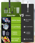 Powerful 1000W Handheld Immersion Blender 5 In 1 Stick Mixer vs competitor, highlighting motor power, blades, and BPA-free material.