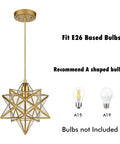 Modern Gold Moravian Star Pendant Light With Clear Glass Shade; shows E26 bulb fitting, handcrafted brass star fixture, 47.2 in wire.