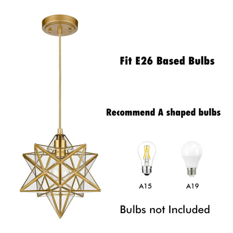Modern Gold Moravian Star Pendant Light With Clear Glass Shade; shows E26 bulb fitting, handcrafted brass star fixture, 47.2 in wire.