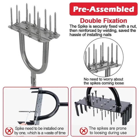 43.3 Inch Preassembled Lawn Aerator With 12 Durable 3.5 Inch Iron Spikes, double fixation shown in detail, for quick yard aeration.