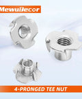 Three Heavy Duty M8 Tee Nuts 10mm Barrel 304 Stainless Steel Four Pronged Threaded Inserts on a light background