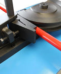 Heavy Duty Programmable Electric Tube Bender With PLC And 2 HP Motor Bends 5/8 To 1-1/2 Inch Tubing close-up of bending mechanism and red tubing