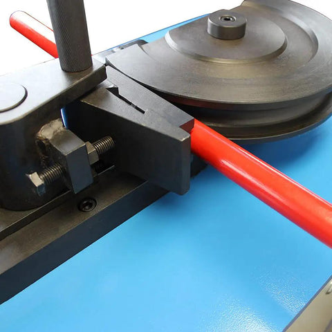 Heavy Duty Programmable Electric Tube Bender With PLC And 2 HP Motor Bends 5/8 To 1-1/2 Inch Tubing close-up of bending mechanism and red tubing