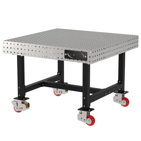 Pro Grade Welding Fixture Table Mobile Steel Workbench Laser Cut Precision Holes with smooth rolling casters, 48x48 inches.