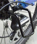 Close-up of bike with universal rear derailleur guard rack protector, heavy-duty steel shield, easy bolt-on or quick-release install.