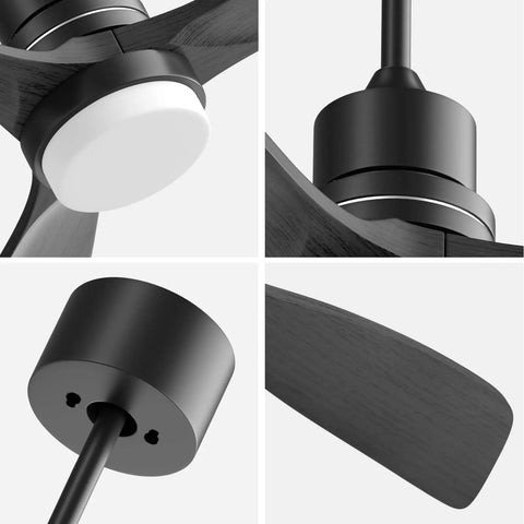 Close-up of 52 Inch Grey Ceiling Fan With Light And Remote, showcasing matte black finish and white acrylic lampshade details