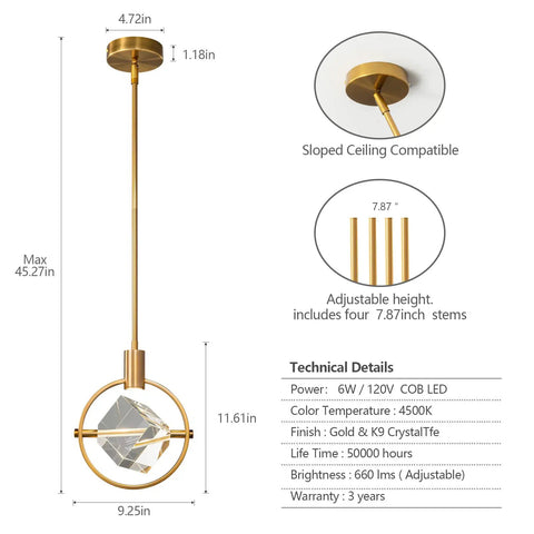 Modern Crystal Pendant Light In Gold Brushed Brass Finish With Mini LED Fixture And K9 Crystal Cube Pendant dimensions