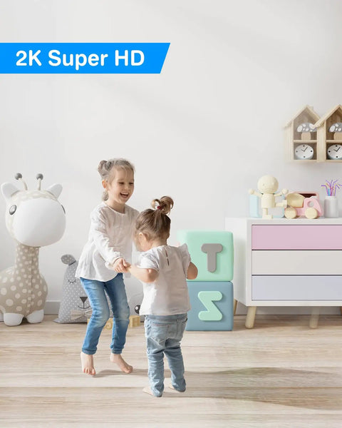 Two children playing indoors, room with toys and furniture, demonstrating use of Crater 2K WiFi Pan Tilt Security Cam For Home.