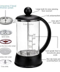 French Press Coffee And Tea Maker 12 Oz with Borosilicate Glass and Four Level Filtration System displayed with parts labeled.