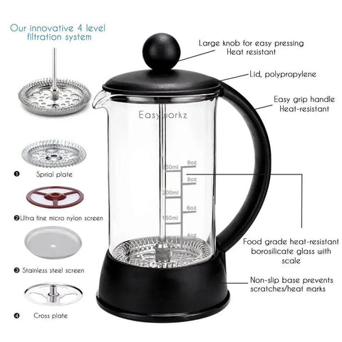 French Press Coffee And Tea Maker 12 Oz with Borosilicate Glass and Four Level Filtration System displayed with parts labeled.