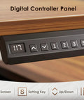 Digital controller panel of 55 Inch L Shaped Electric Standing Desk with drawers and file cabinet, walnut and black finish.