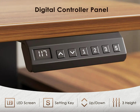 Digital controller panel of 55 Inch L Shaped Electric Standing Desk with drawers and file cabinet, walnut and black finish.