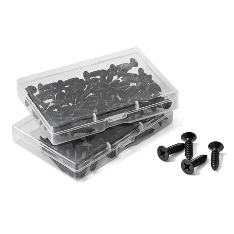 Rust Busting Number 4 Gauge Half Inch Flat Head Sheet Metal Screws With Phillips Drive And Self Tapping Threads Clad In Black Oxide 304 Stainless Steel For Badass Wood Or Metal Shop Jobs 100 Count in clear storage box with screws visible.