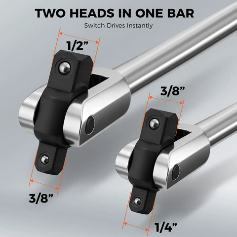 Heavy Duty 10-Piece Dual Drive Breaker Bar Set With 360 Degree Rotatable Head showing dual-drive sizes.