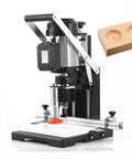 Manual hinge drilling machine for woodworking, front view, 1100W with metal frame and adjustable fence