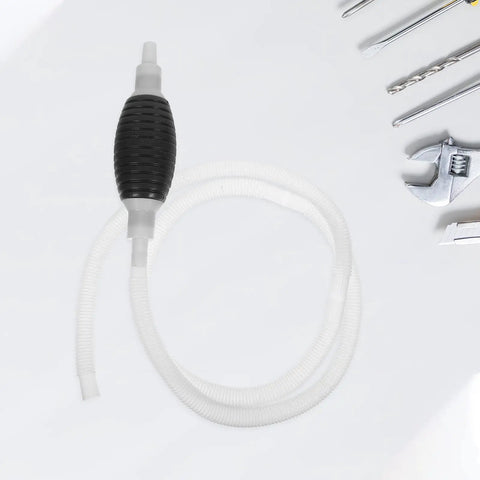 Heavy Duty Manual Oil Transfer Pump With Thick Plastic Siphon Tube for Effortless Fluid Extraction And Gas Cleanup, showing siphon and hose detail.
