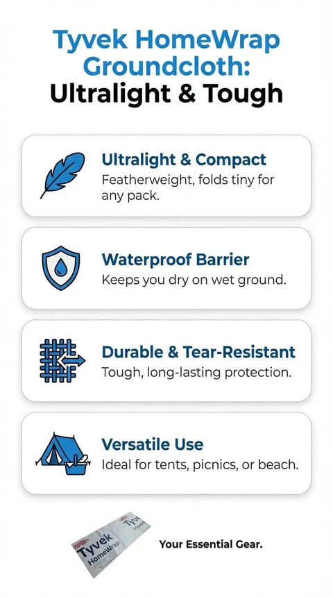 Infographic on Lightweight Tyvek Tent Footprint Ground Cloth For Camping And Backpacking with features listed