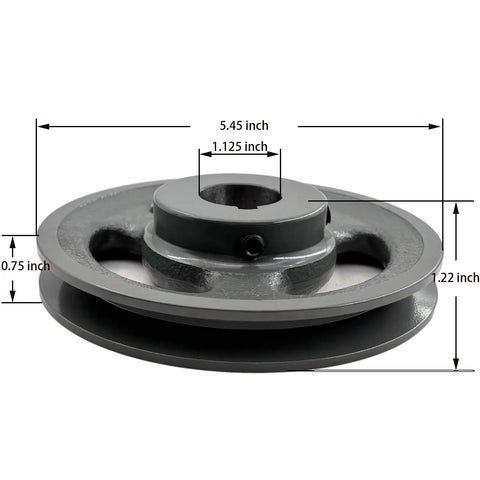 Rock Solid Cast Iron 1 Groove V Belt Sheave With 1 Inch Bore 5.45 OD Motor Pulley showing dimensions and design.