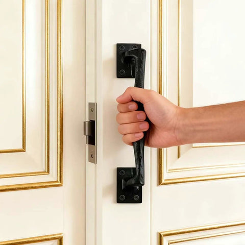 Hand holding Two Pack Heavy Duty Cast Iron Barn Door Handles Nine And Three Quarters Inches Rustic Gate Pulls against white door