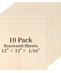 Front view of 10-pack basswood sheets, 12x12 inches, 1/16 inch thick, unfinished craft boards