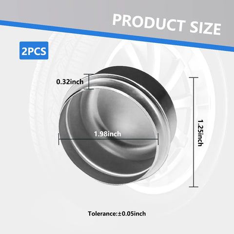 Close-up of trailer hub dust cap, 1.98-inch diameter, metal grease cover for trailer axle bearings (2 pcs)