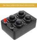 Built Tough Variable Resistor Panel With 0 To 9999 Ohm Range, black box with four smooth dial adjusters for precise resistance.