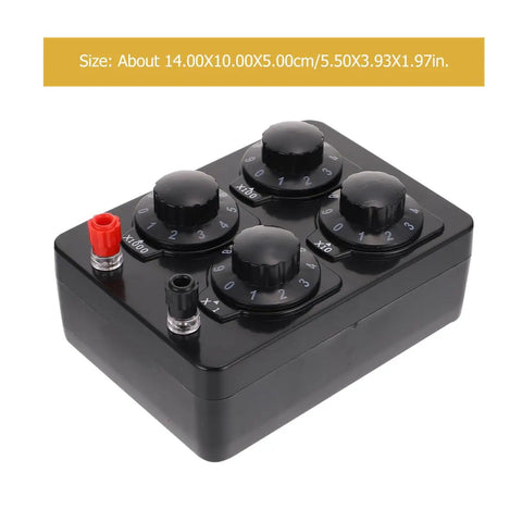 Built Tough Variable Resistor Panel With 0 To 9999 Ohm Range, black box with four smooth dial adjusters for precise resistance.