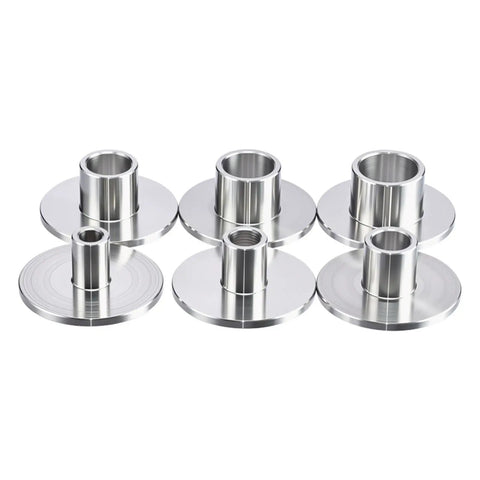 Heavy Duty Stainless Steel Router Guide Bushing Set With Six Slick Quick Swap Sizes For Flawless Woodworking Routing Trimming And Drilling. Six stainless steel bushings displayed.
