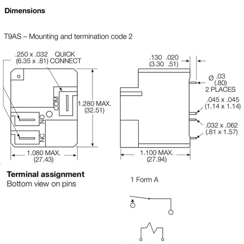 Dimensions and terminal diagram of Heavy Duty 30A High Breaking Capacity PCB Or Panel Mount Relay Form A NO 4 Pin for HVAC.