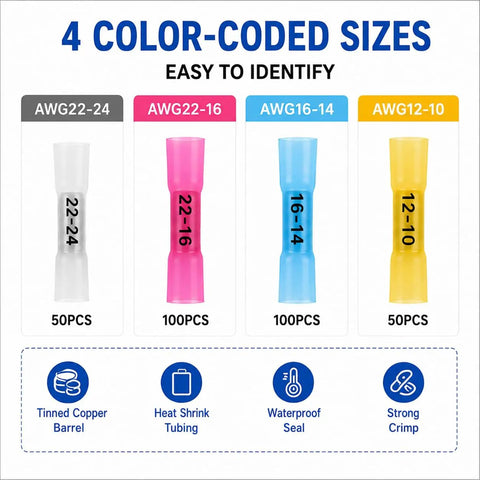 Heavy Duty Heat Shrink Butt Connectors Waterproof Marine Grade Wire Connector Kit No Sweat Dual Wall Sealed Crimp Terminals Road Ready For Autos And Boats 300 Piece Set including color-coded sizes for easy identification.