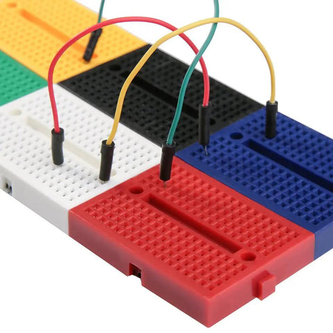 Six Color 170 Tie Point Mini Breadboard Kit For Arduino Proto Shield Distribution Blocks with colored wires connected