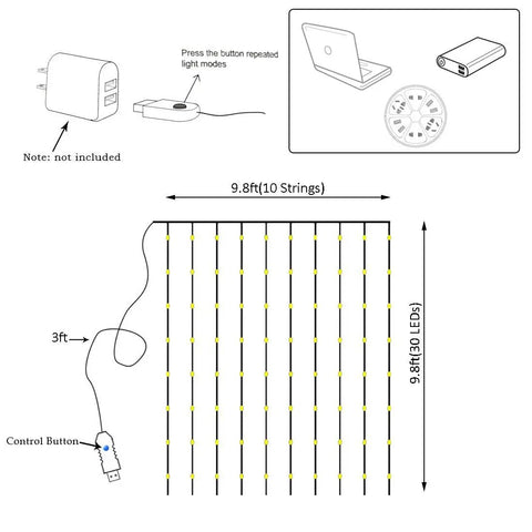 Illustration of 300 LED Curtain String Lights With USB Power And Remote Control, 9.8x9.8ft setup instructions