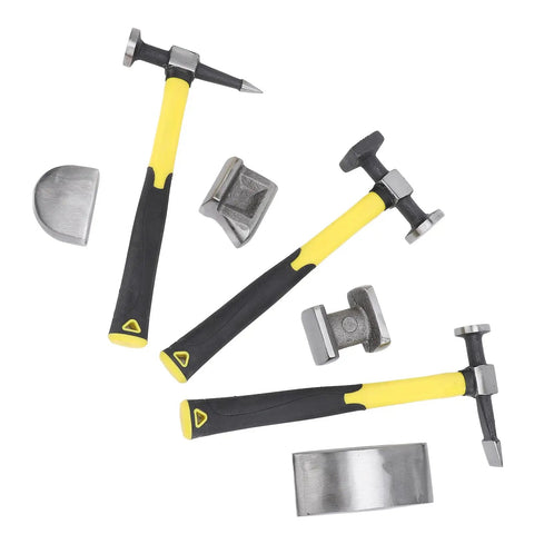 7 Piece Carbon Steel Auto Body Repair Kit With Heavy Duty Hammer And Dolly Set Dent Removal Tools With Toolbox Versatile Pro Grade Gear For Cars And Trucks displayed on white background.