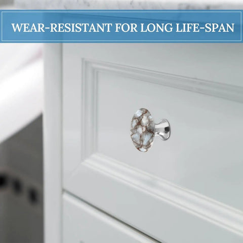 Rock Solid White And Brown Marble Pattern Round Cabinet Knobs With Screws Drawer Pulls And Handles Set Of Two on white drawer.