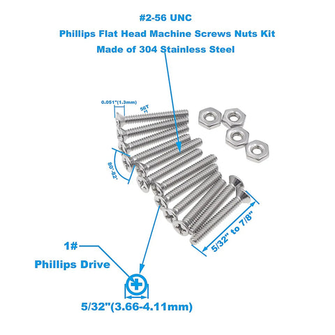 Backyard Builder Friendly Standard 2 56 UNC Stainless Steel Phillips Flat Head Machine Screws And Hex Nuts Assortment Kit With 220 Pieces In Nine Varying Lengths For Rock Solid Fixes And No Sweat Builds