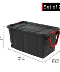 Beefy 40 Gallon Plastic Storage Bins 2 Pack With Durable Lids and Secure Latching Buckles, black and red tote on wheels, dimensions.