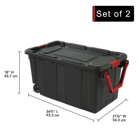 Beefy 40 Gallon Plastic Storage Bins 2 Pack With Durable Lids and Secure Latching Buckles, black and red tote on wheels, dimensions.
