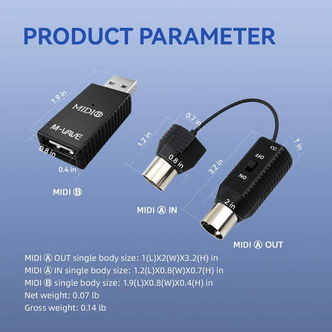 Image showing Ultra Low Latency Wireless MIDI Transmission System with USB Bluetooth for Mac iOS Windows, featuring 5-pin DIN interface.