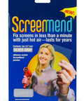Window Screen Repair Kit Patch 5 By 7 Inch Silver Gray DIY Quick Fix For Tears And Rips In Screens package with model and hair dryer.