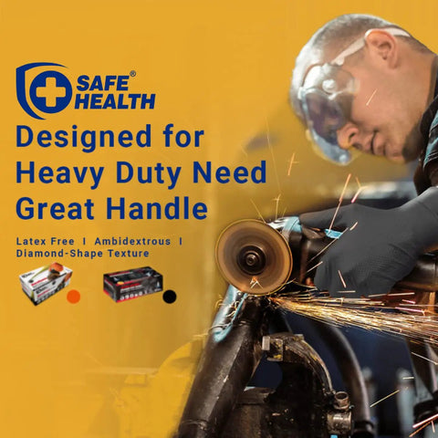 Man using Orange Nitrile Work Gloves Diamond Grip Eight Mil Thick Case Of Nine Hundred Extra Large Powder Free Latex Free while grinding metal.